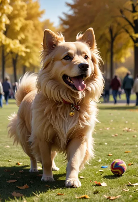 (medium full shot) of (courageous dog) with golden long fur, a patterned sweater, performing chewing a toy, set in a sunny park, featuring wide open spaces, playful dogs, people having picnics, and a warm ambiance, Masterpiece,best quality, photo, realistic, very aesthetic,
