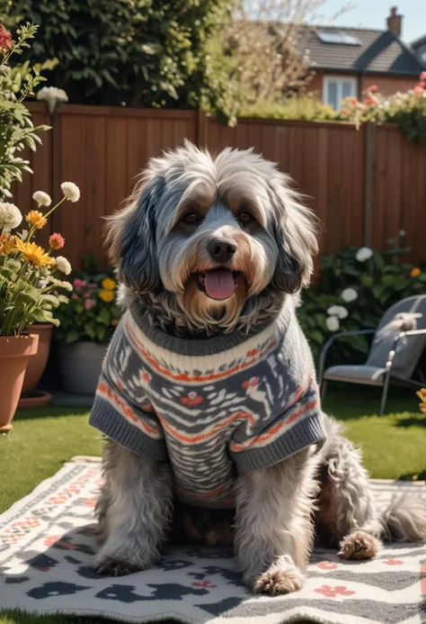 (medium full shot) of (protective dog) with grey fluffy coat, a patterned sweater, performing sitting attentively, set in a cozy backyard, with a small garden, a few flowers, a comfortable lawn chair, and a dog lying in the sun, Masterpiece,best quality, photo, realistic, very aesthetic,