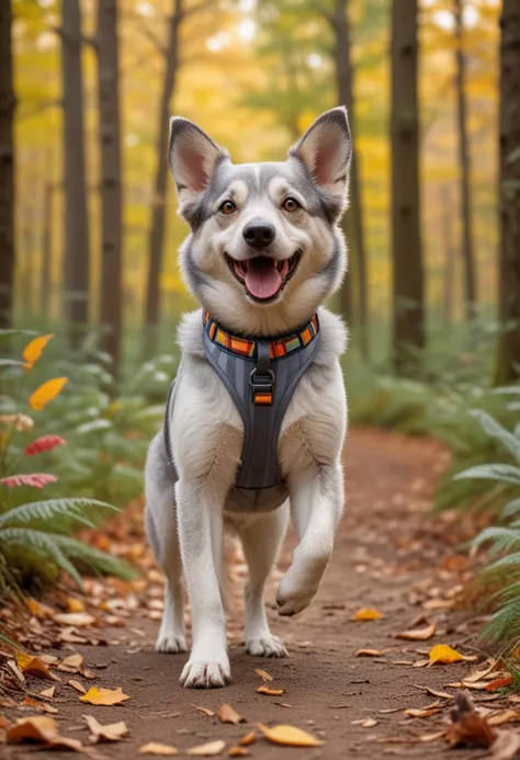 (medium full shot) of (friendly dog) with grey silky fur, wearing a striped harness, performing barking happily, set in a vibrant forest, with colorful foliage, playful squirrels, a wide trail, and an energetic dog running, during the day, Masterpiece,best quality, photo, realistic, very aesthetic,