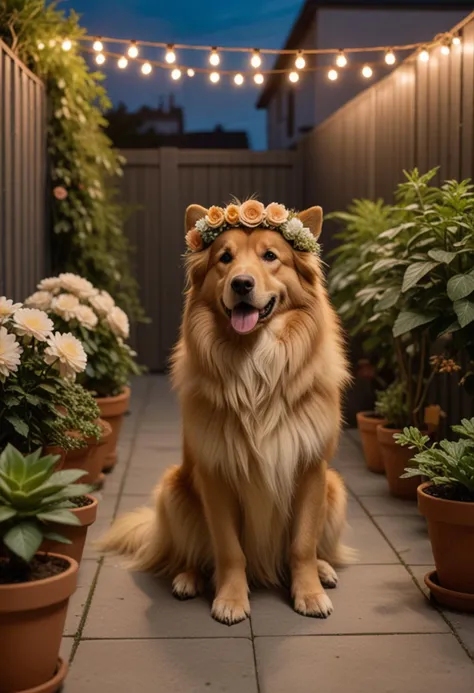 (medium full shot) of (gentle dog) with golden long fur, a flower crown, performing sitting attentively, set in an urban backyard, with high fences, a small patio, potted plants, and a dog exploring every corner, in the evening, Masterpiece,best quality, photo, realistic, very aesthetic,