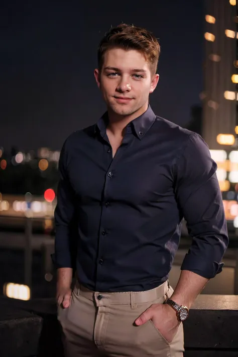 (medium-full shot) photo of SebastianKross <lora:SebastianKross:0.75>, seductive smirk, simple background, blurred background, city, wearing a smart casual button-up shirt and chinos with a (belt:0.5) epiCPhoto, nighttime, light bokeh