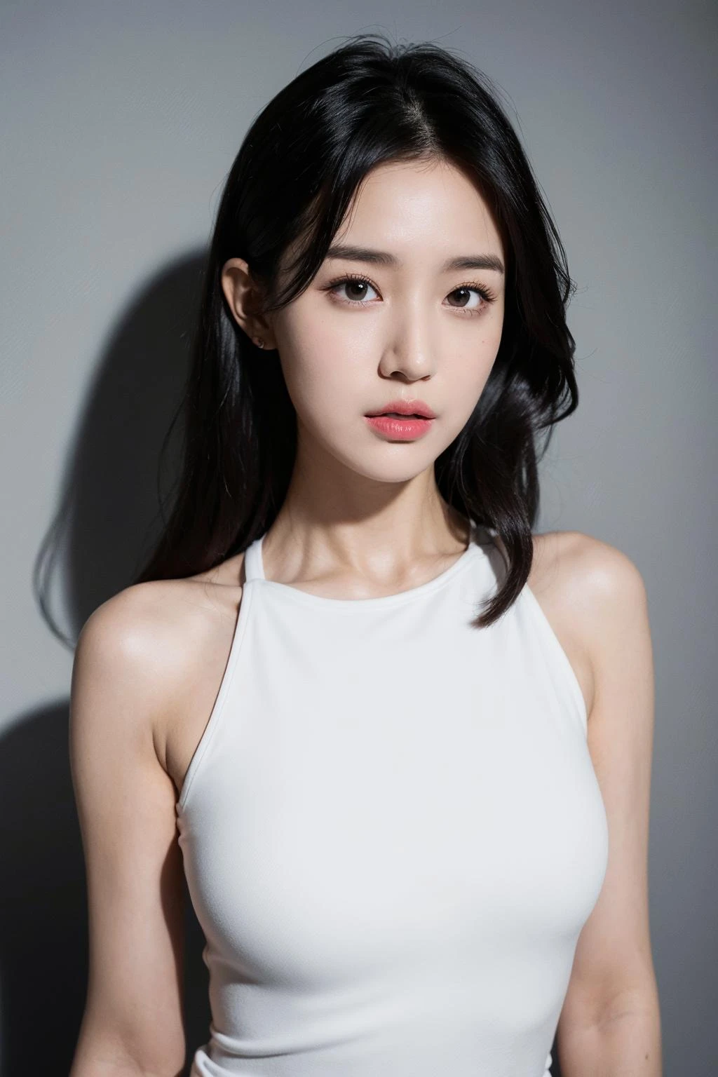 best quality,masterpiece,(available light:1.2),(realistic:1.2),1girl,solo,black eyes,long black hair,(half body:1.4),white top,
