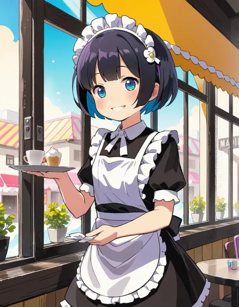kawaii, masterpiece, 1girl, solo, short hair, black hair, maid, maid aprom, smile, cafe, window, indoors, child,