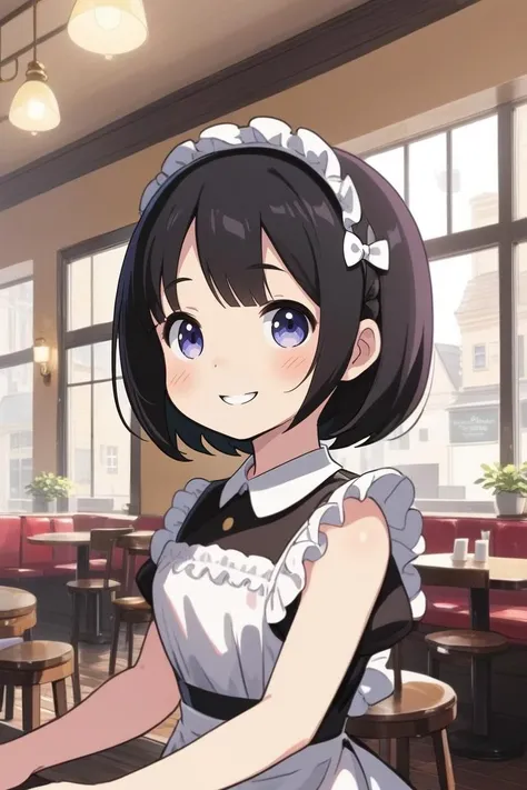 ultra detailed kawaii animation, 1girl, solo, short hair, black hair, maid, maid aprom, smile, cafe, window, indoors,