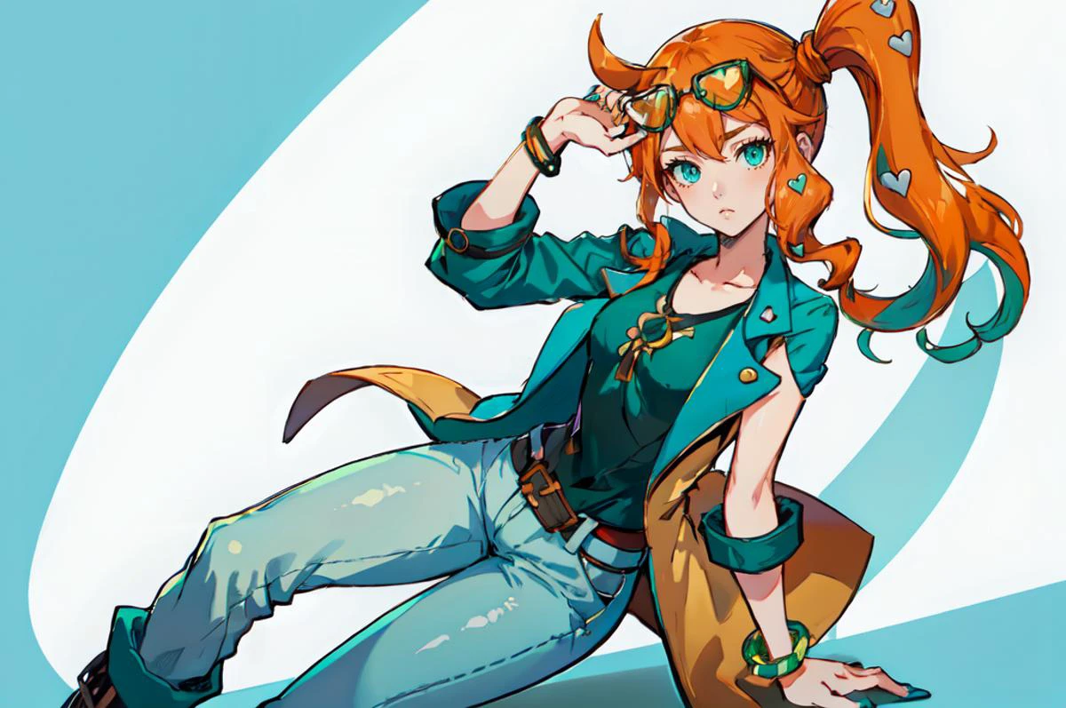 ultra detailed, masterpiece, best quality, solo,
<lora:sonia:1> sonia, sonia \(pokemon\), aqua eyes, orange hair, side ponytail, heart hair ornaments, eyewear on head,
green shirt, buttoned coat, bracelet, green nail polish, pants, green heel boots,