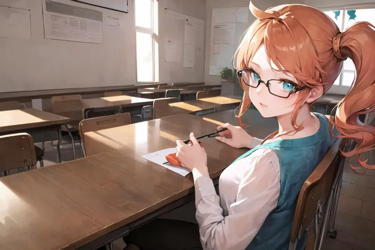 beautiful, (masterpiece), best quality, (extremely detailed face), extremely detailed eyes, perfect lighting, OverallDetail, detailed, deep skin,textured skin,
,sonia,side ponytail,orange hair, heart hair ornaments, aqua eyes, eyewear on head, <lora:sonia by goofy ai:0.8>,
teaching a class, classroom, glasses, desk,behind desk