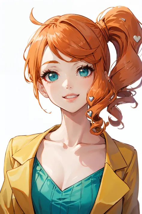 sonia, side ponytail, upper body, makeup, 1girl, collarbone,  green shirt, aqua eyes, orange hair, heart hair ornament,  looking at viewer, lipstick, eyelashes,  smile, solo, long hair,brown coat, white background , parted lips , light smile <lora:sonia:0.8>