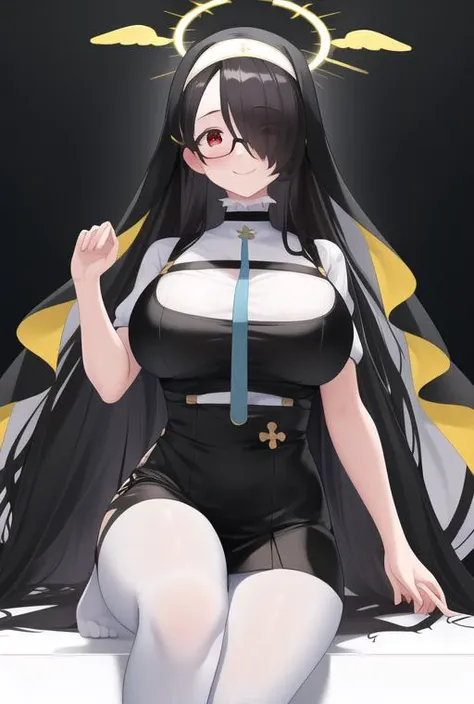 hinata(blue archive), large breasts, red eyes, solo,habit, nun, prayer pose, long hair, halo, blush, asymmetrical bangs, looking at viewer, smile,, 1girl, black hair, very long hair, hair over one eye, bare legs, cross, closed mouth , white pantyhose, white legwear<lora:Wakaba_Hinata:0.7>,((glasses))