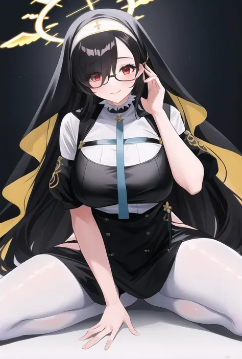 hinata(blue archive), large breasts, red eyes, solo,habit, nun, prayer pose, long hair, halo, blush, asymmetrical bangs, looking at viewer, smile,, 1girl, black hair, very long hair, hair over one eye, bare legs, cross, closed mouth , white pantyhose, white legwear<lora:Wakaba_Hinata:0.7>,((glasses))