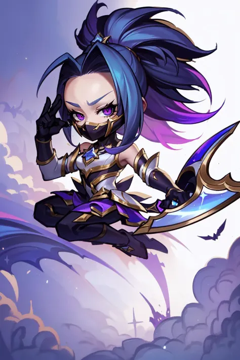 (masterpiece, best quality), intricate details,(fractal art:1.2), 
<lyco:GoodHands-beta2:0.8>
1girl,    <lora:StarGuardianAkali_by_Spooklly_V001:0.8> Chibi_Star_Guardian_Akali, white and purple outfit, sword, scythe in another hand, blue hairs with purple tips, mask, bat,
 (perfect face:1.3),  extreme detailed eyes, colorful, highest detailed, 
 vibrant colors, high contrast,