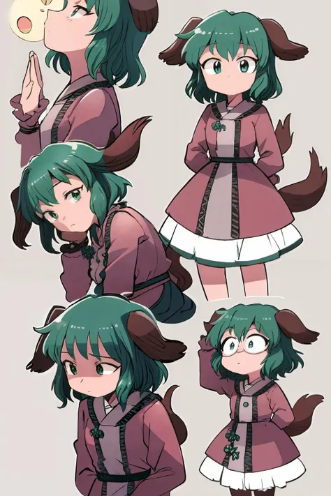 masterpiece, best quality,   <lora:KasodaniKyouko:1>, <lora:style05:1>,multiple girls,multiple views,comic,animal ears, green eyes, green hair, short hair,dress,long sleeves, tail, (chibi:1.3),simple background,