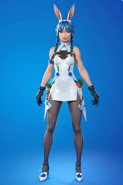 <lora:Usada Pekora:0.5>, <lora:FortSketcherAlpha:0.75>, caustics, (blue background), (glossy:0.56), (artstation:0.81), unreal engine, fortnite, detailed face, detailed eyes, from front, looking at viewer, full body, standing,
1girl, carrot hair,  rabbit ears, pantyhose, gloves, white dress, rabbit tail, side braids,