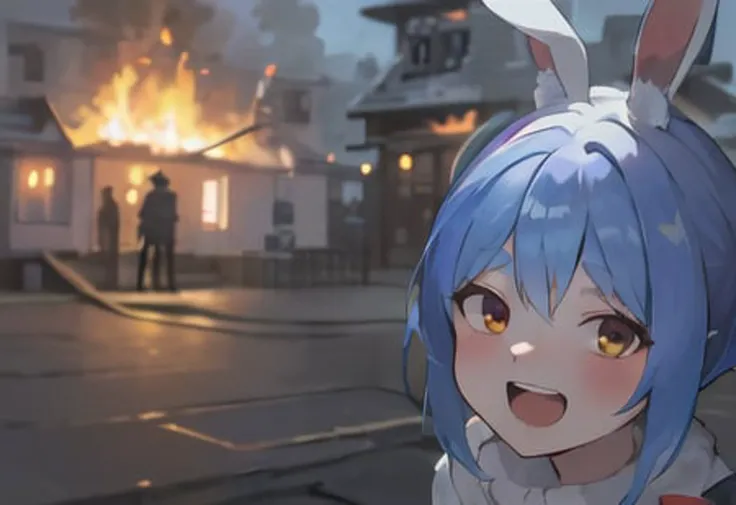 2d, masterpiece, best quality, anime, (<lora:usadaPekora_usadaPekoraV05:0.75> blue hair look at viewer standing and laughing, eyes on camera), that is (raging fire) in the house cross the road, background of a (house on heavy fire),
(carrot hair,rabbit ears,pantyhose,gloves,dress,rabbit tail)