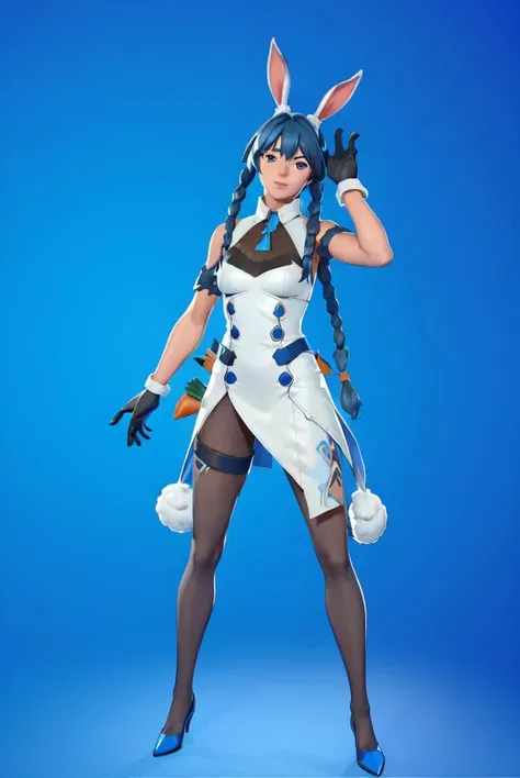 <lora:Usada Pekora:0.5>, <lora:FortSketcherAlpha:0.7>, caustics, (blue background), (glossy:0.56), (artstation:0.81), unreal engine, fortnite, detailed face, detailed eyes, from front, looking at viewer, full body, standing, dynamic pose,
1girl, carrot hair, rabbit ears, pantyhose, gloves, white dress, rabbit tail, side braids,
