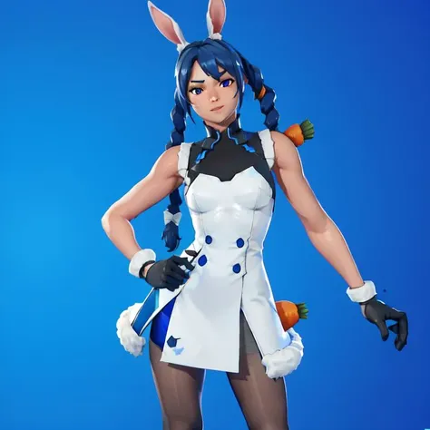 <lora:Usada Pekora:0.5>, <lora:FortSketcherAlpha:0.7>, caustics, (blue background), (glossy:0.56), (artstation:0.81), unreal engine, fortnite, detailed face, detailed eyes, from front, looking at viewer, portrait,
1girl, carrot hair, rabbit ears, pantyhose, gloves, white dress, rabbit tail, side braids,