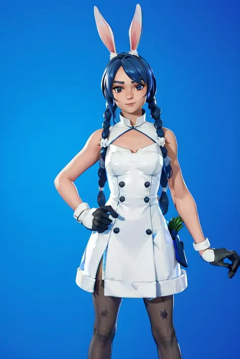 <lora:Usada Pekora:0.5>, <lora:FortSketcherAlpha:0.7>, caustics, (blue background), (glossy:0.56), (artstation:0.81), unreal engine, fortnite, detailed face, detailed eyes, from front, looking at viewer, portrait,
1girl, carrot hair, rabbit ears, pantyhose, gloves, white dress, rabbit tail, side braids,