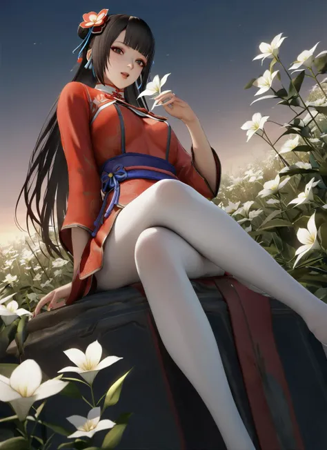 masterpiece, best quality, dynasty warriors_daqiao, chinese clothes, red dress, from side, from below, black eyes, long hair, blunt bangs, sitting, white flowers, jasmine \(flower\), night, flower land, grasslands, flowers on hand, looking at viewer, open mouth, glowing flower, gradient sky, white pantyhose, crossed legs, <lora:dynasty warrios_å¤§ä¹_xl:0.7> <lora:lily_style_xl:0.4> <lora:rei_style_xl:0.4>