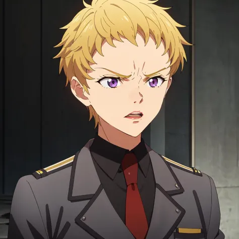 masterpiece,highres,high quality,extremely detailed,solo,
<lora:GretheWenzel001:0.7>,angry,
GretheWenzel,1woman,
blonde hair,purple eyes,
grey jacket,collared shirt,black shirt,red necktie,