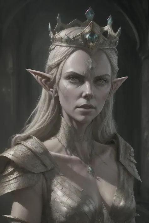 A queen elf with a crown, Charlize Theron face, ultra realistic, concept art, intricate details, eerie, highly detailed, photorealistic, octane render, 8 k, unreal engine. art by artgerm and greg rutkowski and alphonse mucha