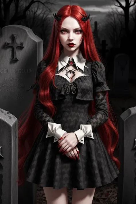 adult, 1girl, long red hair, makeup, lipstick, portrait, hud_gth_drss, black heart patterned short dress, dress, white collar, white wrist cuffs, long sleeves, <lora:hud_gth_drss_15:0.6>, cemetery, gravestones