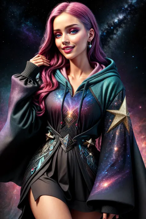 ((Masterpiece, best quality,edgQuality)),smiling,excited,blush,
edgFD, a hoodie with a lot of stars on it,cosmic hoodie, woman wearing edgFD, fantasy_dress
 <lora:edgFantasyHoodies:1>