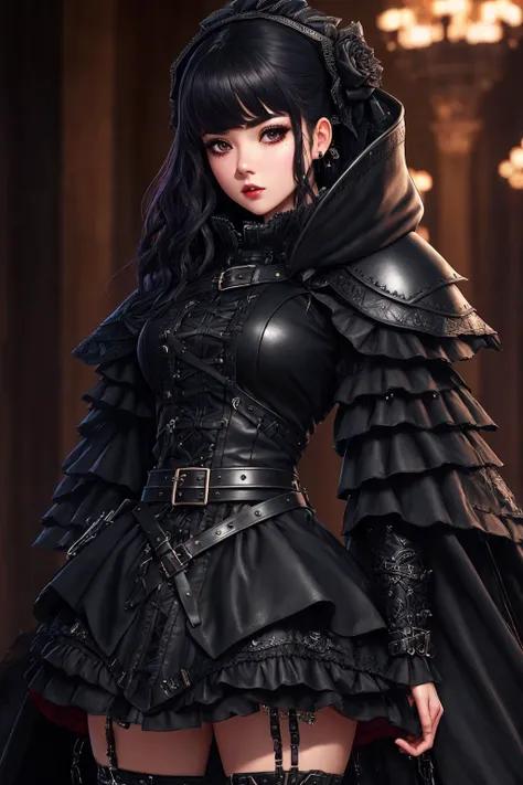 Masterpiece, absurdres,8k, extremely detailed, amazing, fine detail,correct anatomy,
([hoodie|GothGal|DRK_Glam,armor]::0.55),closeup,
dark armor,a woman wearing a GothGal_hoodie,leather belt, ribbon, frilled skirt,navel cutout,
 <lora:DarkHoodies:0.75>