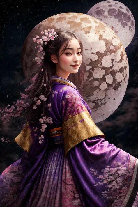 ((Masterpiece, best quality,edgQuality))smiling,excited,solo,1girl, 
edgEF, a woman in a purple (kimono) standing in front of a full moon ,wearing edgEF eastern clothing
 <lora:edgEasternFantasy:1>