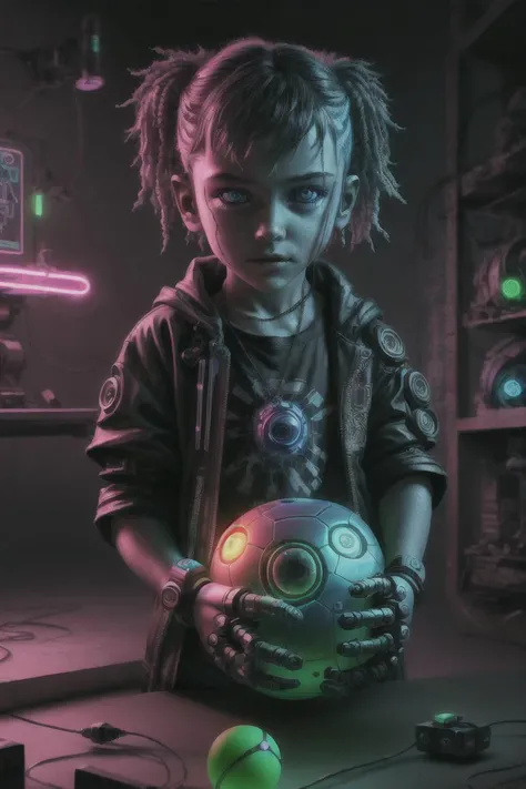 cyberpunk playing with a robotic ball, neon colors, hyperrealistic, masterpiece