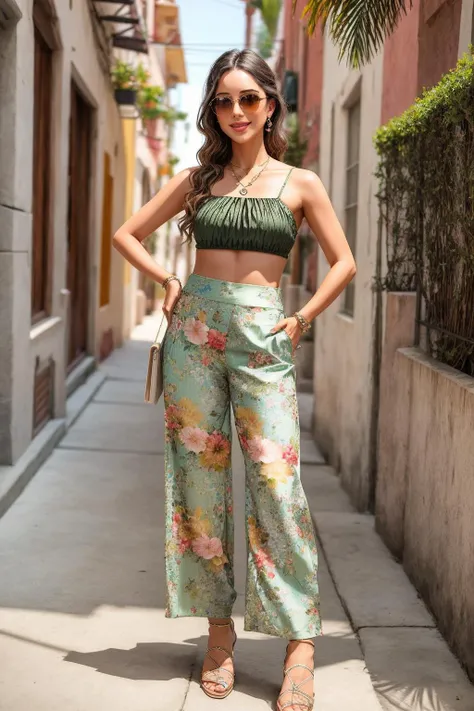 ((Masterpiece, best quality)),absurdres,HDR,8k,excited,smirking,sunglasses,
edgPalazzo_pants, a woman wearing a green top and floral pants ,wearing edgPalazzo_pants,stylish print
 <lora:edgPalazzo_pants:0.8>