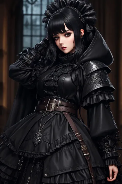 Masterpiece, absurdres,8k, extremely detailed, amazing, fine detail,correct anatomy,
([hoodie|GothGal|DRK_Glam,armor]::0.55),closeup,
dark armor,a woman wearing a GothGal_hoodie,leather belt, ribbon, frilled skirt,
 <lora:DarkHoodies:0.75>