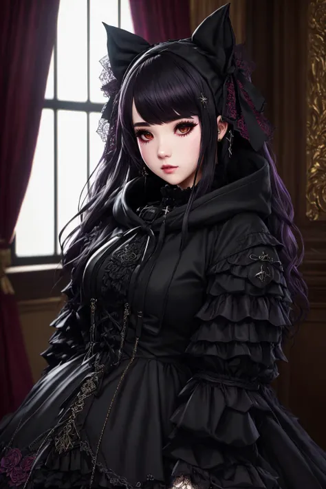 Masterpiece, absurdres,award winning photo, extremely detailed, amazing, fine detail,
([hoodie|DRK_GLAM|GothGal]::0.5),
DRK_GLAM,a woman wearing a GothGal_hoodie, frills, ribbons, lace,dark armor,
<lora:DarkHoodies:1>