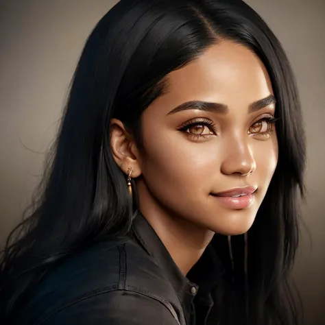 Masterpiece, absurdres,award winning photo, extremely detailed, amazing, fine detail, extremely detailed eyes and face, by lee jeffries nikon d850 film stock photograph 4 kodak portra 400 camera f1.6 lens rich colors hyper realistic lifelike texture dramatic lighting unrealengine trending on artstation cinestill 800 tungsten,beautiful woman, excited, smiling, <lora:tad:0.9>, ((tan skin)), beautiful tad_woman, a woman with long black hair and a black shirt,geen eyes ,perfect tad_body, perfect tad_face, cowboy shot