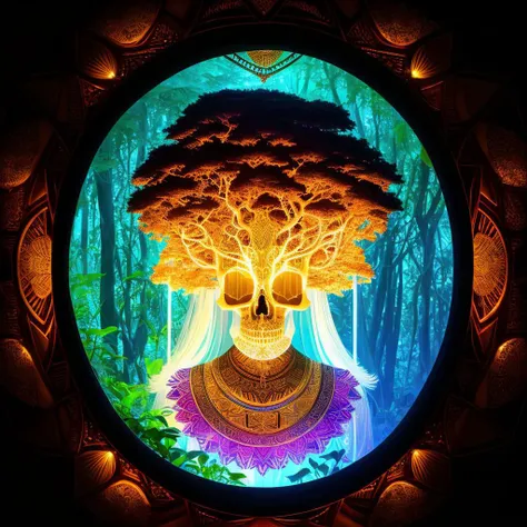 epoxy_skull, (illustration), (masterpiece), (best quality), (detailed), Sokana, Goddess of Nature, as she first revealed herself in the Bugunda Kingdom of the African Great Lakes region, ethereal and awe-inspiring, adorned with elements of nature and traditional African symbols, majestic posture, surrounded by lush vegetation and wildlife, vibrant color palette, golden hour lighting, high-resolution 8k digital painting, capturing the divine presence and reverence of the goddess , <lora:glowingSkullLora_v10:1>