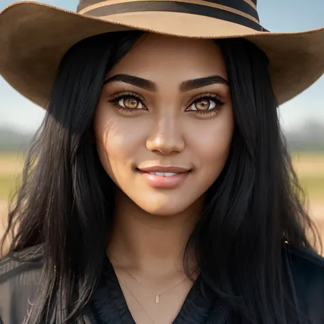 Masterpiece, absurdres,award winning photo, extremely detailed, amazing, fine detail, extremely detailed eyes and face, by lee jeffries nikon d850 film stock photograph 4 kodak portra 400 camera f1.6 lens rich colors hyper realistic lifelike texture dramatic lighting unrealengine trending on artstation cinestill 800 tungsten,beautiful woman, excited, smiling, <lora:tad:0.9>, ((tan skin)), beautiful tad_woman, a woman with long black hair and a black shirt,geen eyes ,perfect tad_body, perfect tad_face, cowboy shot