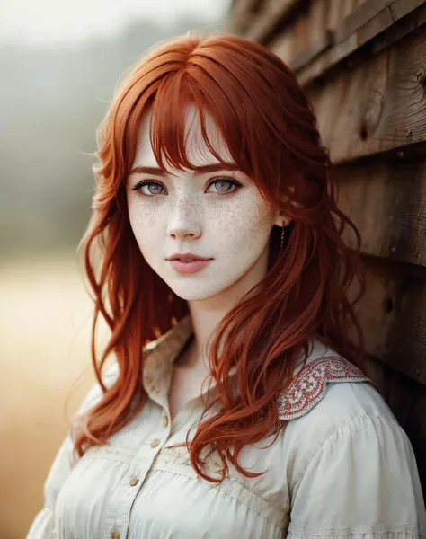 Masterpiece, absurdres,award winning photo, extremely detailed, amazing, fine detail, extremely detailed eyes and face, by lee jeffries nikon d850 film stock photograph 4 kodak portra 400 camera f1.6 lens rich colors hyper realistic lifelike texture dramatic lighting unrealengine trending on artstation cinestill 800 tungsten, <lora:hld:1>,beautiful hld_woman with red hair, a woman in a dress posing for a picture , perfect hld_face, perfect hld_body, freckles, cowboy shot