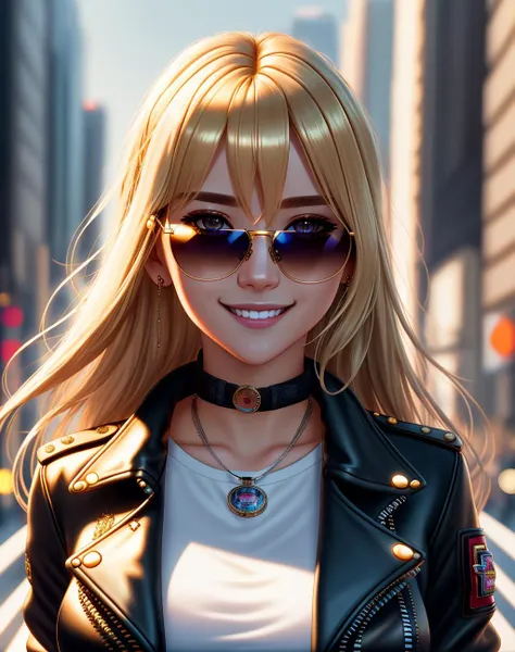 Masterpiece, absurdres, fine detail, HDR, highly detailed face and eyes, photorealistic, smiling, excited, shy, <lora:Nadia:0.75>, Blonde Nadia with sunglasses, choker, leather jacket, walking in the city