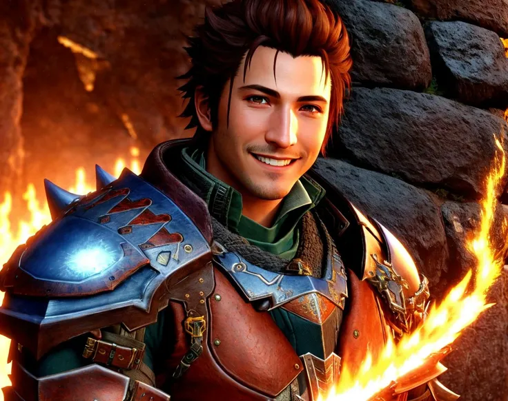 Masterpiece, absurdres, fine detail, HDR, highly detailed face and eyes, photorealistic, smiling,MHmix, a man in armor,Jetstream Sam wearing MHmix, in a lava cave, <lora:Jetstream_Sam-09:0.25> <lora:MHmix:1>