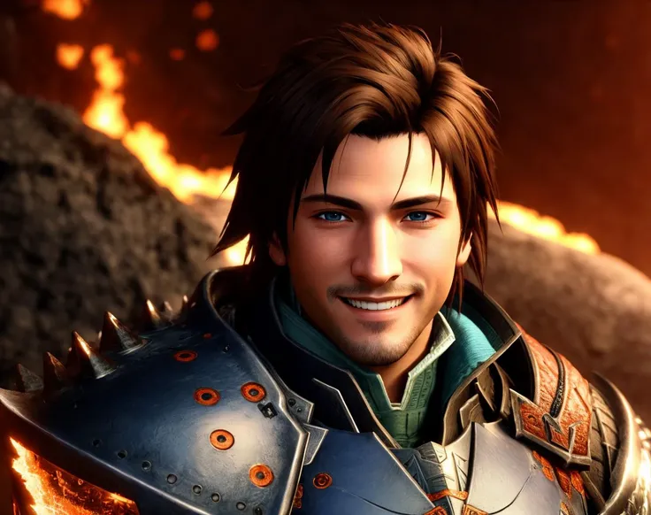 Masterpiece, absurdres, fine detail, HDR, highly detailed face and eyes, photorealistic, smiling,MHmix, a man in armor,Jetstream Sam wearing MHmix, in a lava cave, <lora:Jetstream_Sam-09:0.25> <lora:MHmix:1>