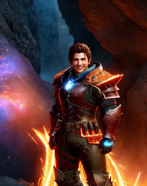 Masterpiece, absurdres, fine detail, HDR, highly detailed face and eyes, photorealistic, smiling,MHmix, a man in armor,Jetstream Sam wearing MHmix, in a lava cave, <lora:Jetstream_Sam-09:0.25> <lora:MHmix:1>