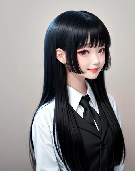 4K, Masterpiece, highres, absurdres,with a edgHimeCut hairstyle, 1girl, solo,adult woman, long hair, smile, bangs, black hair, holding, school uniform, jacket, upper body, blunt bangs, black eyes, lips, realistic, card, hime cut, <lora:edgHimeCut:1>
