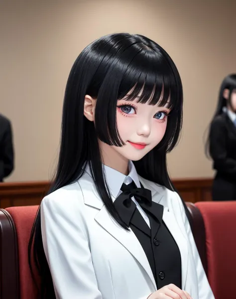 4K, Masterpiece, highres, absurdres,with a edgHimeCut hairstyle, 1girl, solo, long hair, smile, bangs, black hair, holding, school uniform, jacket, upper body, blunt bangs, black eyes, lips, realistic, card, hime cut, <lora:edgHimeCut:1>