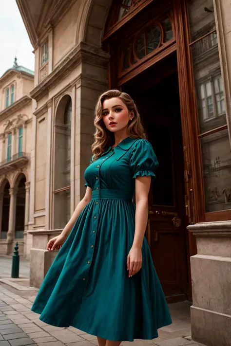 4K, Masterpiece, highres, absurdres, 
edgEV, a woman in a teal dress standing in front of a building ,wearing edgEV_vintage dress
  <lora:edgEuropean_Vintage:0.45>
