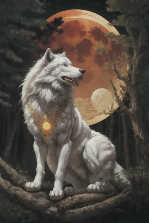 a big white wolf with golden eyes, at night in the forest, a big red full moon in the sky, fantastic style, digital illustration, Eugene Delacroix, Alphonse Mucha, trending on artstation, high resolution, photorealistic, high details, perfect lightning