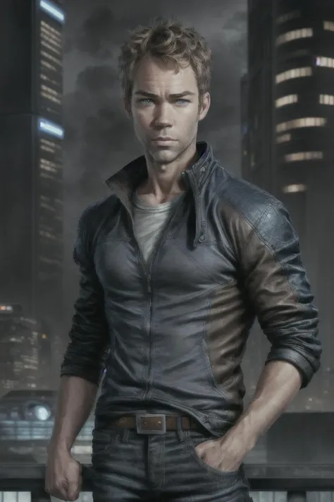 portrait, light brown hair, young JR Bourne face, short hair, very intense blue eyes, male focus, looking front, futuristic city in the background, hyperrealistic, black jacket, black jeans, white shirt, muscular