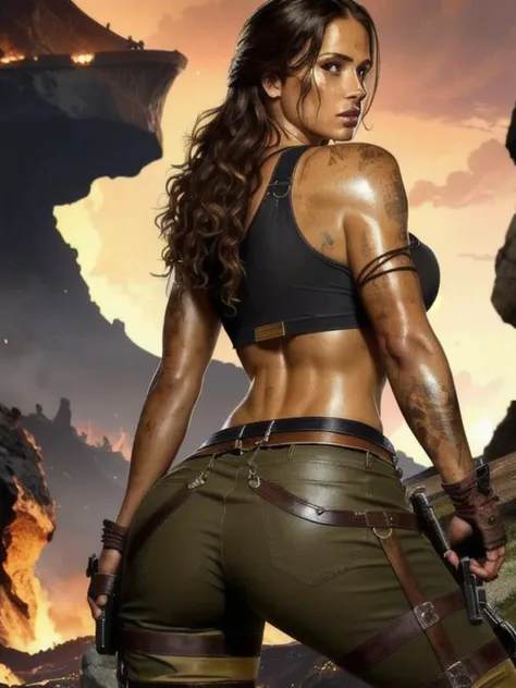 ((full shot))((full shot photo)) full width high resolution, panoramic view, long depth of field, beautiful scene sunset at darkening dusk ((( a stunning detailed background  a huge deck with elaborate open ironwork railing looking out over ( A volcanic wasteland, with rivers of fire flowing into a molten sea, ))))  Lara Croft , gorgeous slim naked sexy 25 years , (facing right side side turned Looking at viewer  over shoulder,tiny waist, medium hips, huge natural breast from behind back turned Looking at viewer over shouldertiny waist, medium hips,  natural breast  big perfect ass,prominent round ass sticking out), legs apart, wearing sexy ((Spring Green) torn wet  tank top, cut torn shorts, )((elaborate very long (Golden) wavy hair)), highly elaborate areola, ((perfect long large dark nipples)),   ] xlcroft, tomb rider, (((xlcroft, tomb rider))), nsfw, torn wet  tank top, cleavage, midriff, thigh strap, navel, skin tight, fingerless glove, underboob, <lyco:A_Lara_Cosplay:1.0> cut torn brown trouser,