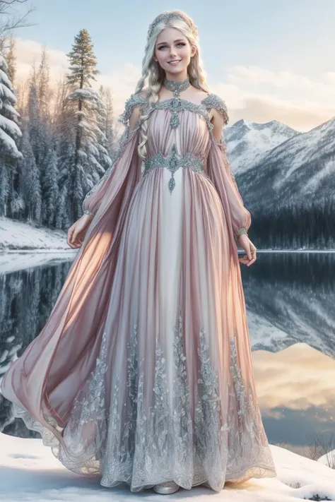 romantic style (full body photo:1.3), adult woman, standing, wearing HUD_spr_armr, hair decoration, long (chiffon dress), long sleeves, jewelry, intricate engraved metal neckpiece, shoulder piece, jeweled belt, breastplate, laser cut sleeves, <lora:HUD_spr_armr-07:0.7>, (long blonde hair:1.1), 4k, snowy mountains in the distance, setting with trees and a lake, smile . emotional, dramatic, nature-focused, detailed