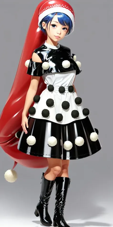 <lora:DoremySweet:1>,doremy sweet, 1girl,nightcap,blue hair,short hair,blue eyes,short sleeves, dress,pom pom \(clothes\), tapir tail,boots,(white background, simple background,full body:1),standing,(gigantic breasts:1),(latex:1.5)