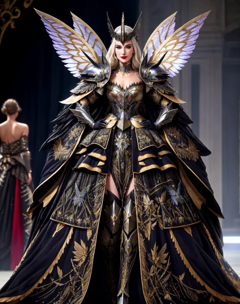 Masterpiece, absurdres,HDR,8k,best quality,smiling ([edgMothKnight|Haute_Couture]::0.5) edgMothKnight,Haute_Couture designer dress, embroidery,fashion show background, armor, hand on hip, feathers, lipstick, shoulder armor, gauntlets, breastplate, moth_knight,cowboy shot <lora:MothCouture:0.75>