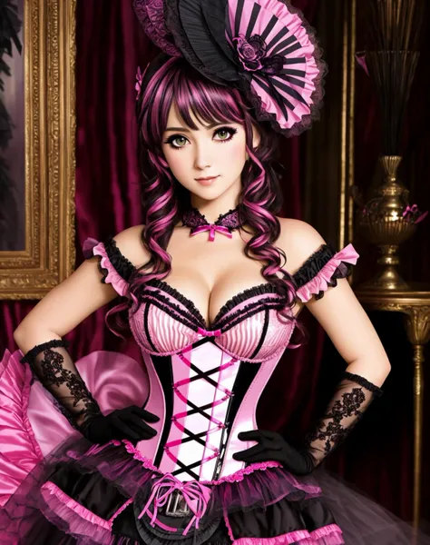 Masterpiece, absurdres, fine detail, HDR, highly detailed face and eyes, anime, burlesque, a woman in a pink and black costume ,wearing burlesque, wearing a corset , <lora:burlesquev1.1:0.75>