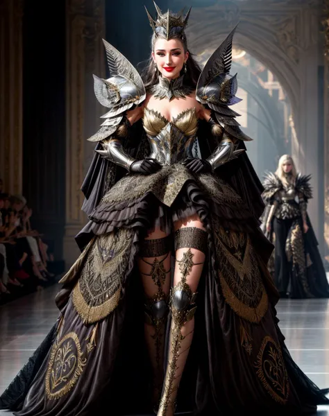 Masterpiece, absurdres,HDR,8k,best quality,smiling ([edgMothKnight|Haute_Couture]::0.5) edgMothKnight,Haute_Couture designer dress, embroidery,fashion show background, armor, hand on hip, feathers, lipstick, shoulder armor, gauntlets, breastplate, moth_knight,cowboy shot <lora:MothCouture:0.75>